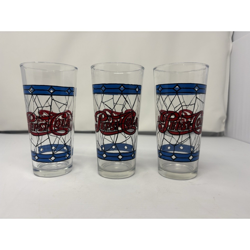 Vintage Pepsi Cola Glasses Set of 3 Tiffany Style Stained Glass Soda Advertising